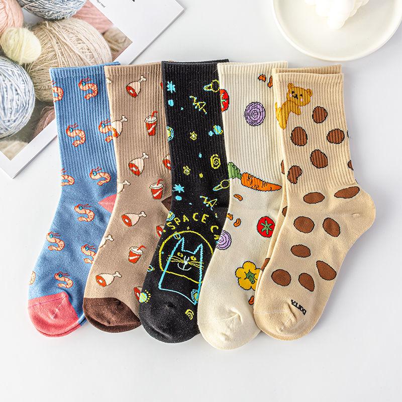 Five Pairs of Women's Socks Fashion Print Cartoon Pattern Socks Winter Thick Warm Pile Pile Socks