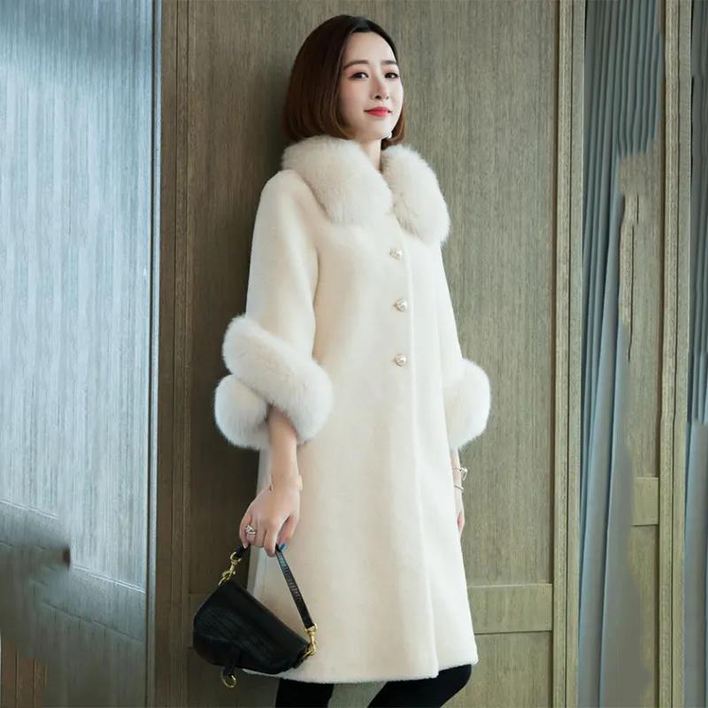 Autumn and Winter New Faux Sheep Shearling Coat Women Mid-length Faux Fox Fur Collar Loose Grain Fleece Faux Fur Coat