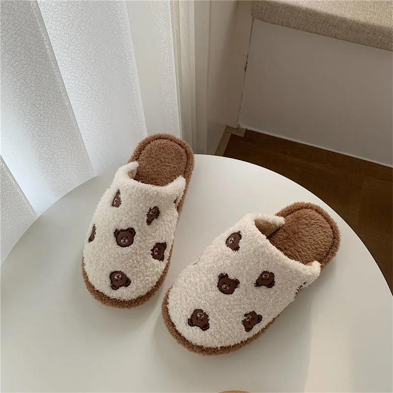 Cute Bear Slippers Autumn and Winter Warm Casual Flat Shoes Indoor Non-slip Cotton Shoes Soft Shoes