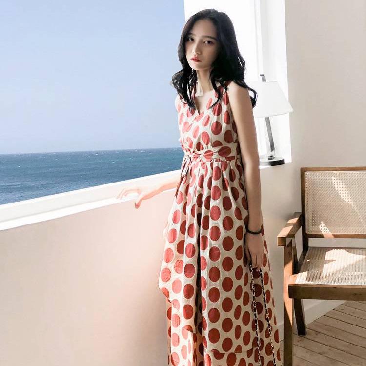 Summer Dress Women Vintage Dress Casual Polka Dot Print A-Line Party Dresses Sleeveless Long Dress