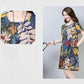 Cotton Plus Size Women's Printed Short-sleeved Dress Loose and Thin Ethnic Style Leaf Skirt