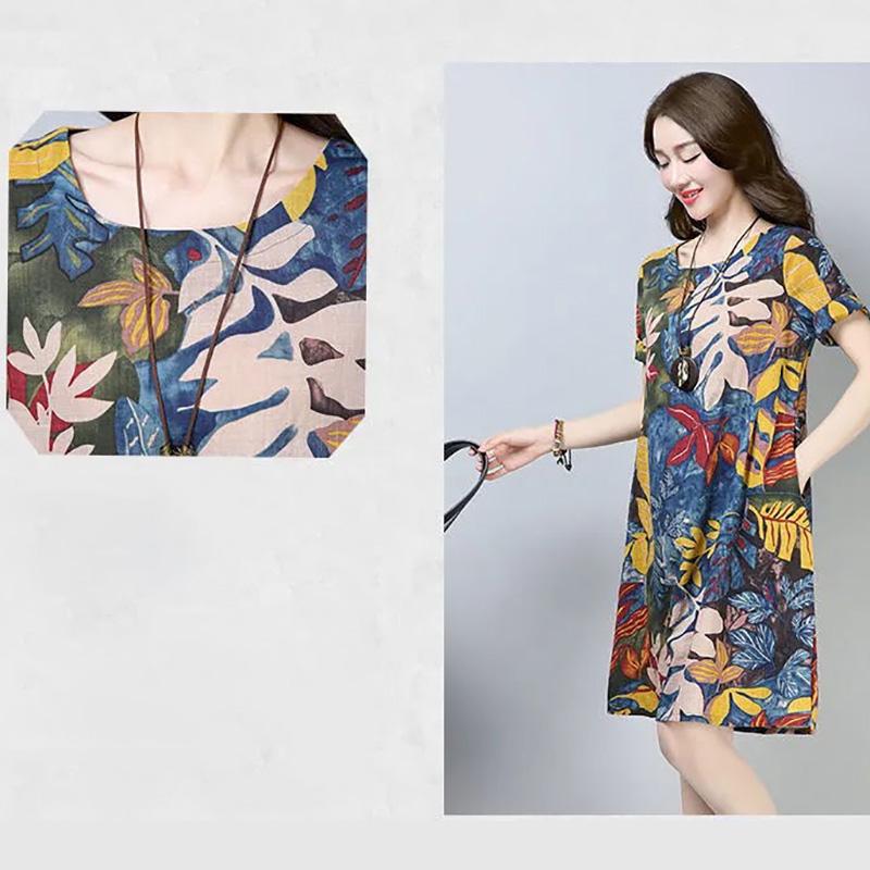Cotton Plus Size Women's Printed Short-sleeved Dress Loose and Thin Ethnic Style Leaf Skirt