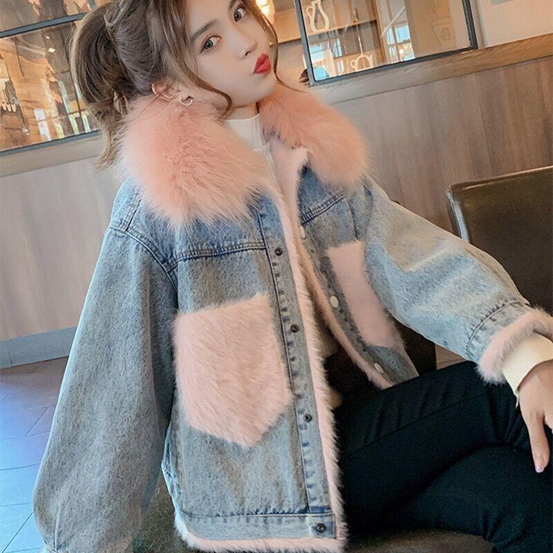 Big Faux Fur Collar Denim Jacket Women Winter Hooded Warm Jean Jacket Student Basic Short Parkas Female Bomber Coat