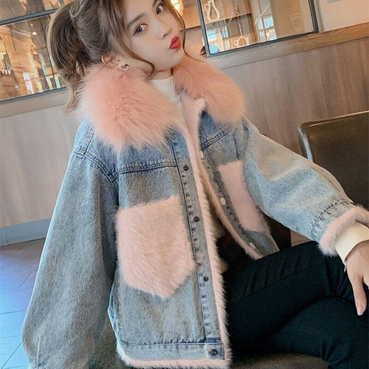 Big Faux Fur Collar Denim Jacket Women Winter Hooded Warm Jean Jacket Student Basic Short Parkas Female Bomber Coat