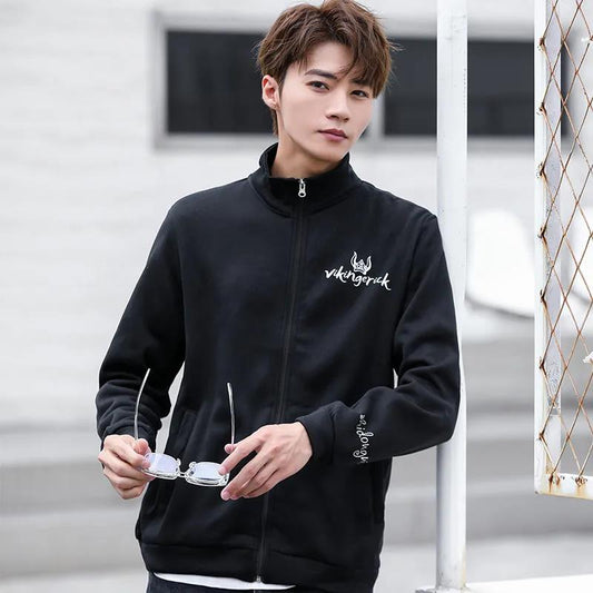 Autumn Jacket Men's Trend Student Print Casual Jacket Thin Jacket Drawstring Stand-up Collar Cardigan