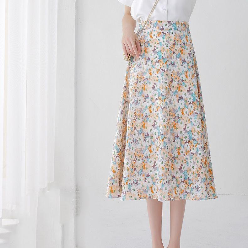 Women Summer Vintage Chiffon Floral Print High Waist Slim Versatile Elastic Waist A-line Holiday Long Skirt