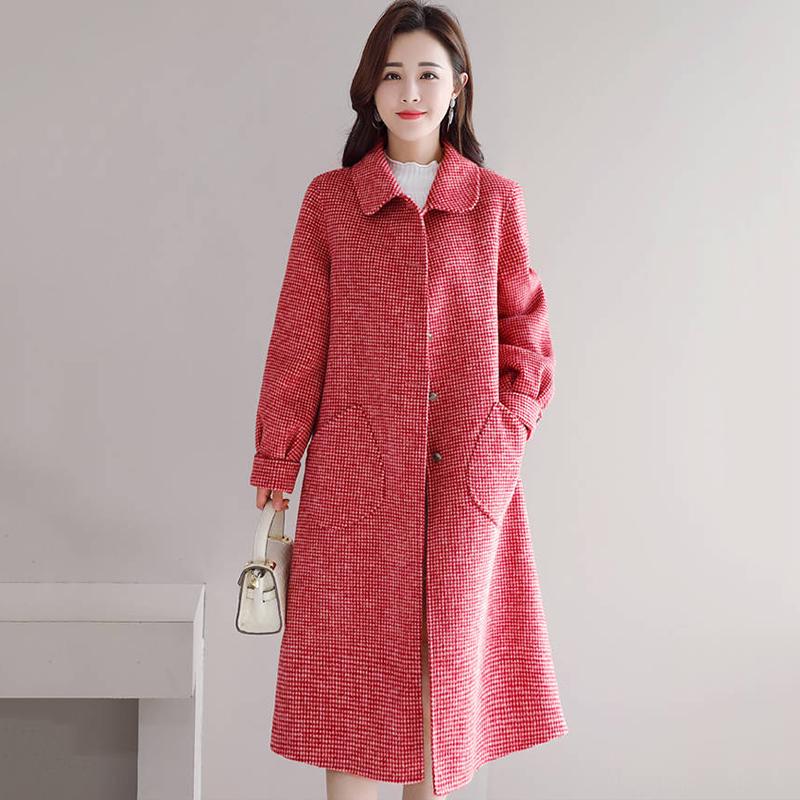 Winter Autumn Coat Women Wool Jacket Long Plaid Coats Blend Woolen Warm Outerwear Christmas Clothing