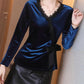 Casual Lace Velvet TShirts Sexy V-Neck Long Sleeve Blouse Women Elegant Short Tops Autumn Pullover