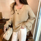 Women's V-neck Sweater Autumn and Winter Loose Outer Wear Lazy Style Solid Color Knit Sweater Pullover Mid-length Top