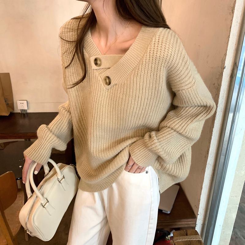 Women's V-neck Sweater Autumn and Winter Loose Outer Wear Lazy Style Solid Color Knit Sweater Pullover Mid-length Top
