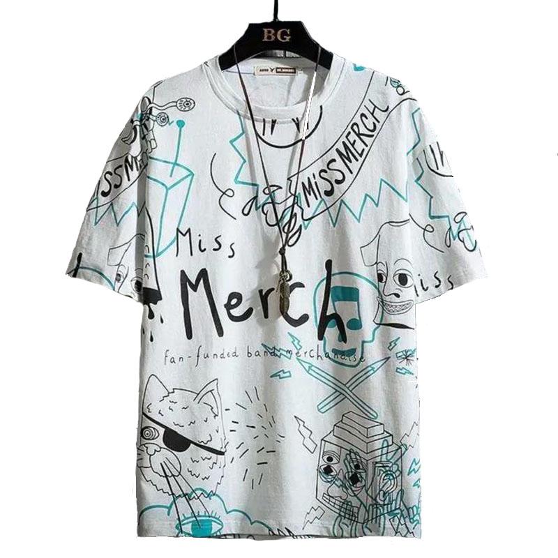 High Street T-shirts Hip Hop Trend Graffiti Print Tees Summer Oversized O-neck Short Sleeve Casual Shirts Men Clothing