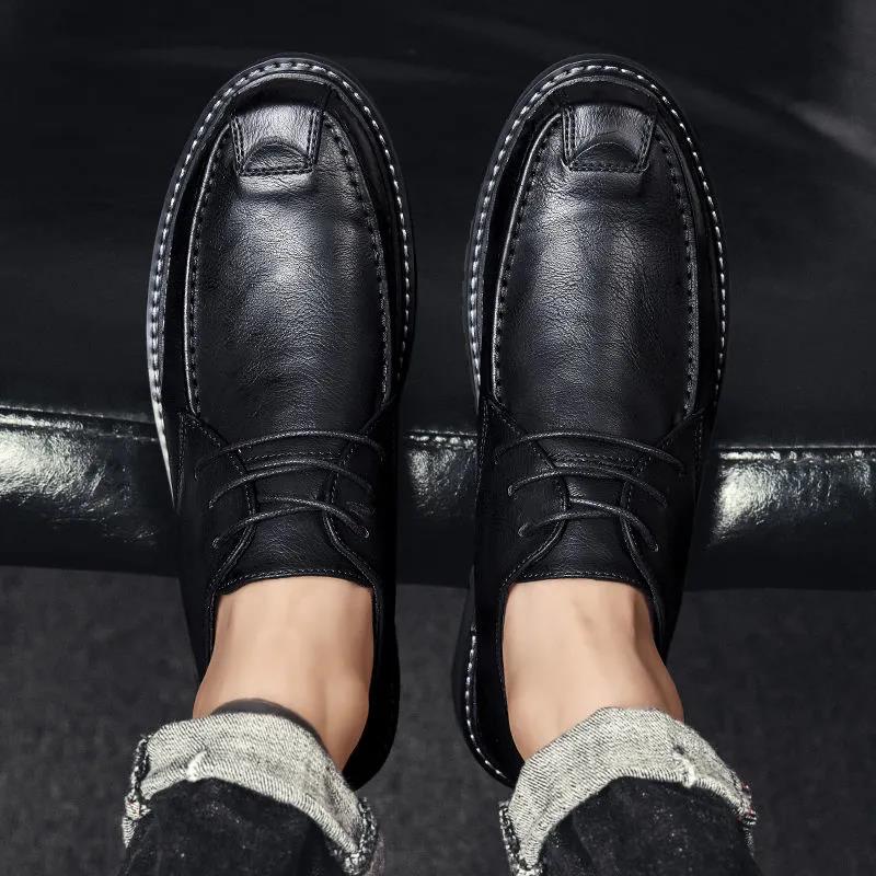 Full Soft Leather Shoes Men's Spring and Autumn Black Casual Shoes Korean Fashion Lazy Shoe