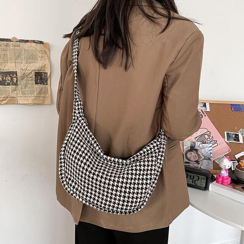 Women Houndstooth Diagonal Bag Canvas Travel Casual Large Daily Shoulder Tote Shopper Handbag Simple