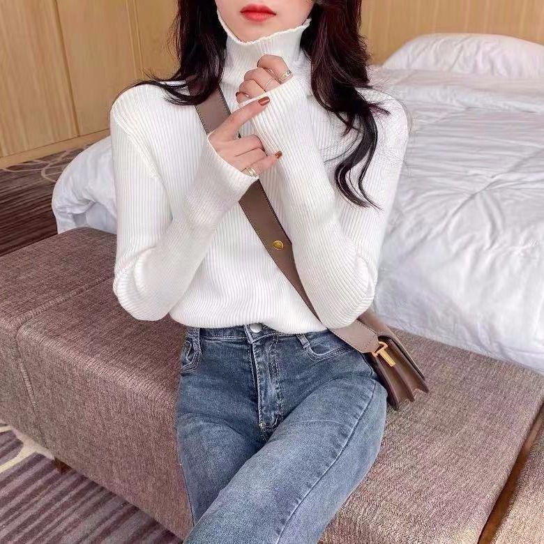 Pofulove Autumn Bottoming Shirt Women Winter Thick Turtleneck Sweater Pile Collar Tight Long-sleeved
