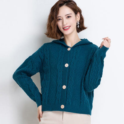 Autumn and Winter Knitted Hoodie Cardigan Short Loose Top Simple Solid Color Female Jacket