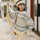 Autumn Winter Women Sweater Pullover Knit Jumpers Casual Loose Striped Pull Korean Knitwear Top Girls Student Retro Vintage Sweater Short Warm O Neck