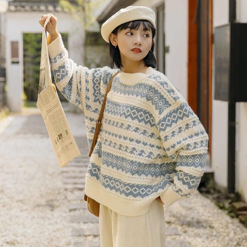Autumn Winter Women Sweater Pullover Knit Jumpers Casual Loose Striped Pull Korean Knitwear Top Girls Student Retro Vintage Sweater Short Warm O Neck