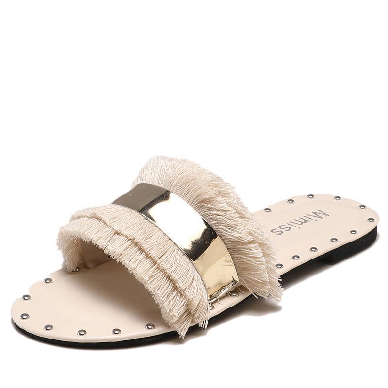 Slippers female summer wear wild word flip flops retro fashion flat bottom beach sandals slippers