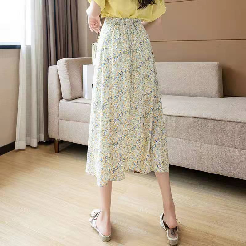 Women's Chiffon Floral Skirt Summer  High Waist Mid-length A-line Draping Fairy Dress