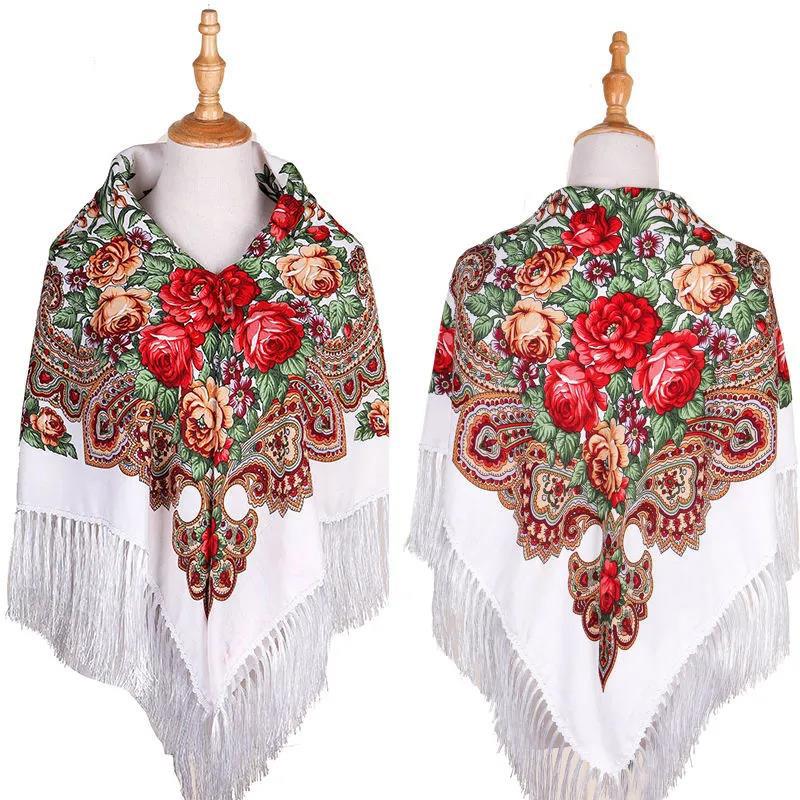 Women's Ethnic Style Square Scarf Printed Shawl Fringed Cotton Scarf Autumn Winter Warm Embroidered Shawl Multifunctional Turban Shawl Scarf 135x135cm