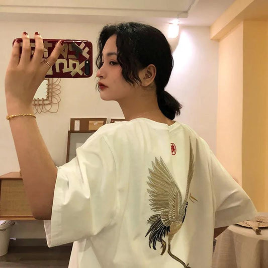 Chinese Style Crane Embroidery Round Neck T-shirt Loose Breathable Casual Short Sleeves Hipster  Summer Tops