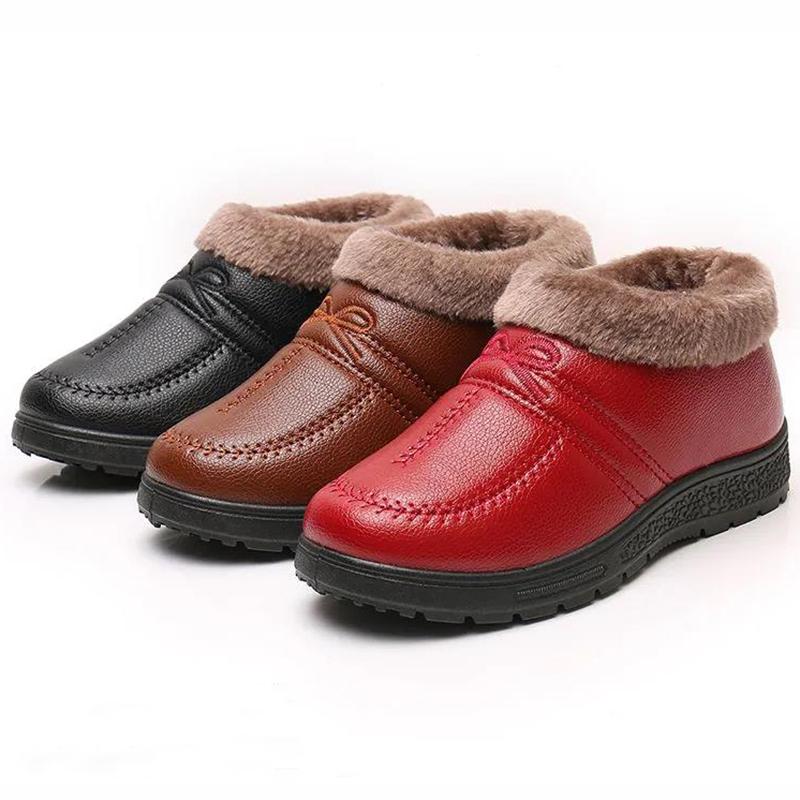 Winter Plus Velvet Warm Cotton Shoes Women's PU Waterproof Non-slip Mother Shoes Comfortable and Lightweight Flat Low-heel Snow Shoes
