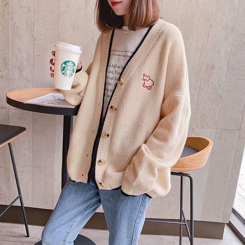 Knitted Cardigan V-neck Winter Clothes Coat Baby Elephant Embroidered Sweater Students