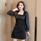 Autumn French Design Sense of Niche Temperament Skirt Is Thin Folds Square Collar White Waisted Celebrity Dress
