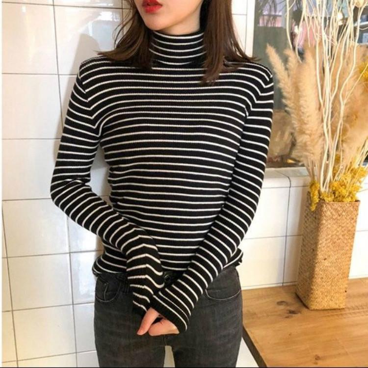 Women Sweaters Stripe Prints High Collar Long Sleeve Pullover Bottoming Shirts