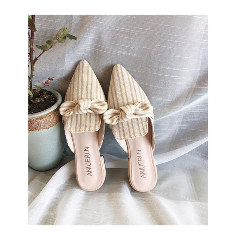 Sandals and Slippers Women's Outer Wear Spring and Summer Square Toe Korean Version of Thick with Bows All-match Lazy Half Slippers