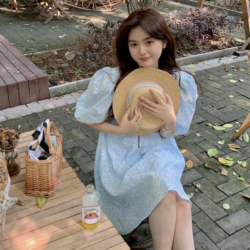 Women's Summer Floral Dress Square Neck Slim Puff Sleeve Skirt