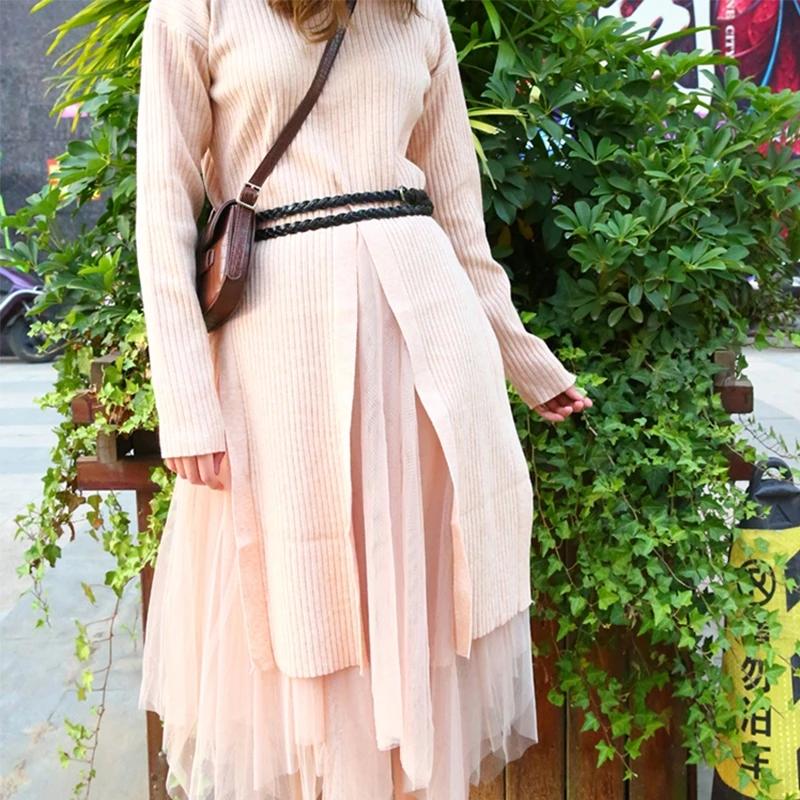 Women's Double Circle Woven Thin Belt Casual Korean Decorative Sweater Dress Belt Knotted and Lengthened Maroon Belt