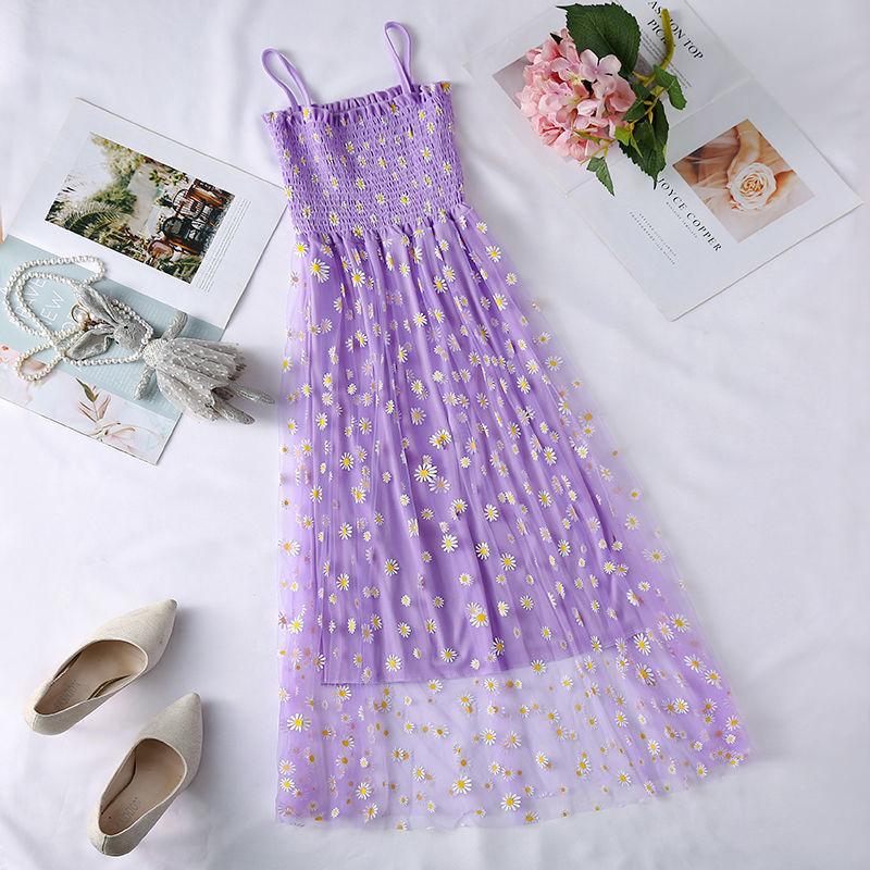 Mesh High Waist Small Daisy Suspender Skirt Small Fresh Dress Literary Retro Sweet First Love Dress Sleeveless Fairy Dress