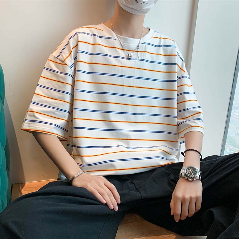 Pure Cotton Short-sleeved T-shirt Men's Summer Loose Striped Five-point Sleeve Student Short-sleeved Shirt