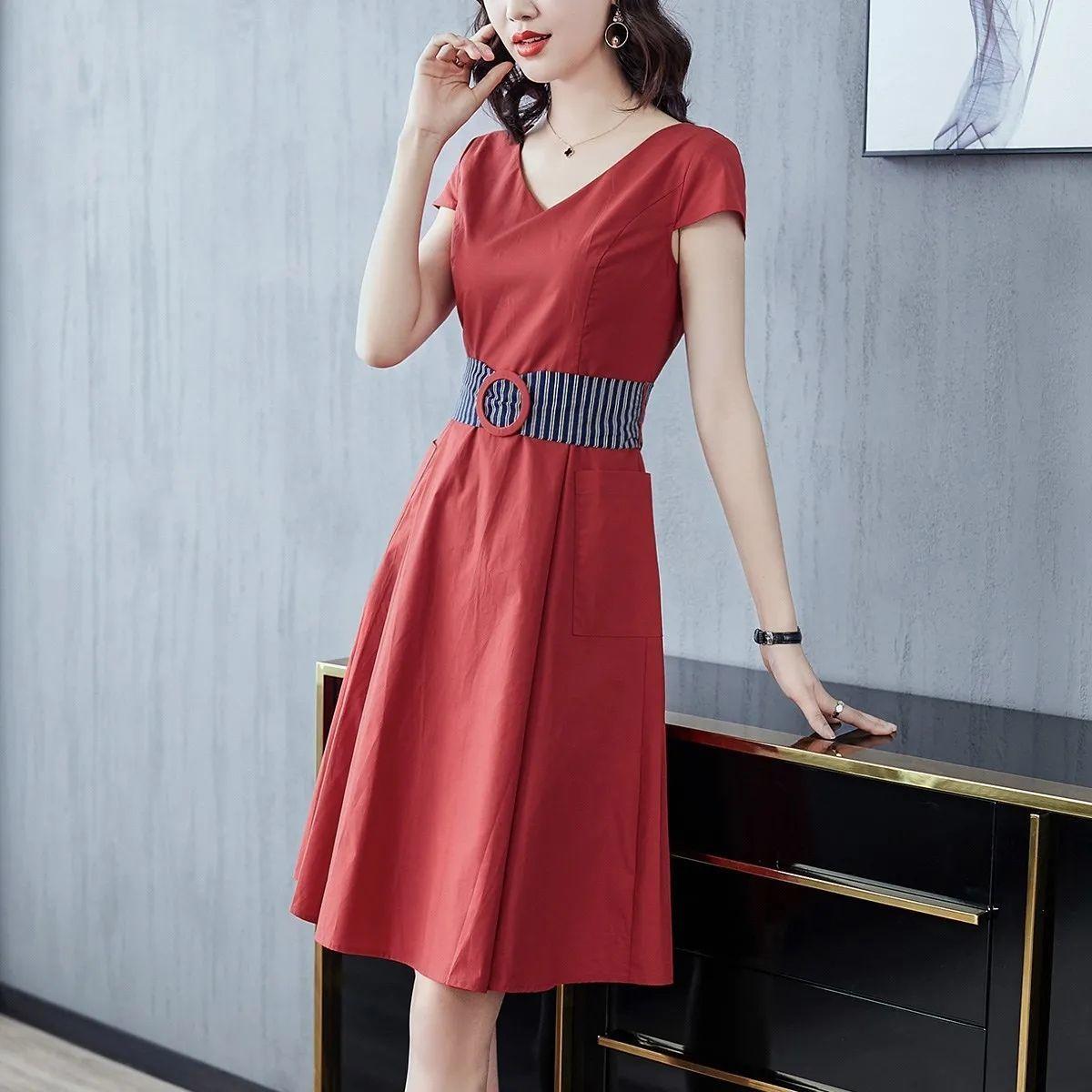 Summer Fashion All-match V-neck Dress Women's Waist Over-knee Long Skirt Casual Solid Color Short-sleeved Slim Dress