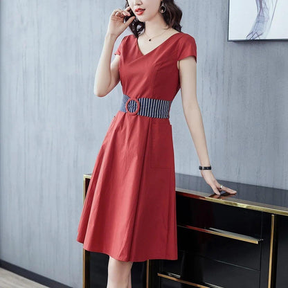 Summer Fashion All-match V-neck Dress Women's Waist Over-knee Long Skirt Casual Solid Color Short-sleeved Slim Dress