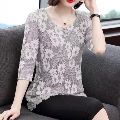 Women's Lace Shirt Top Seven Sleeve Summer Clothes Hollow Out Large Medium and Long Lace