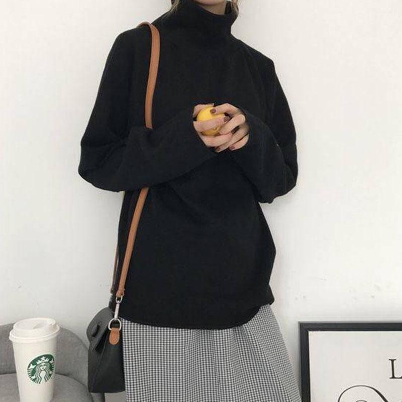 Pofulove Turtleneck Sweater Female Students Autumn Winter Loose Pullover Warm Shirt Solid Color Base