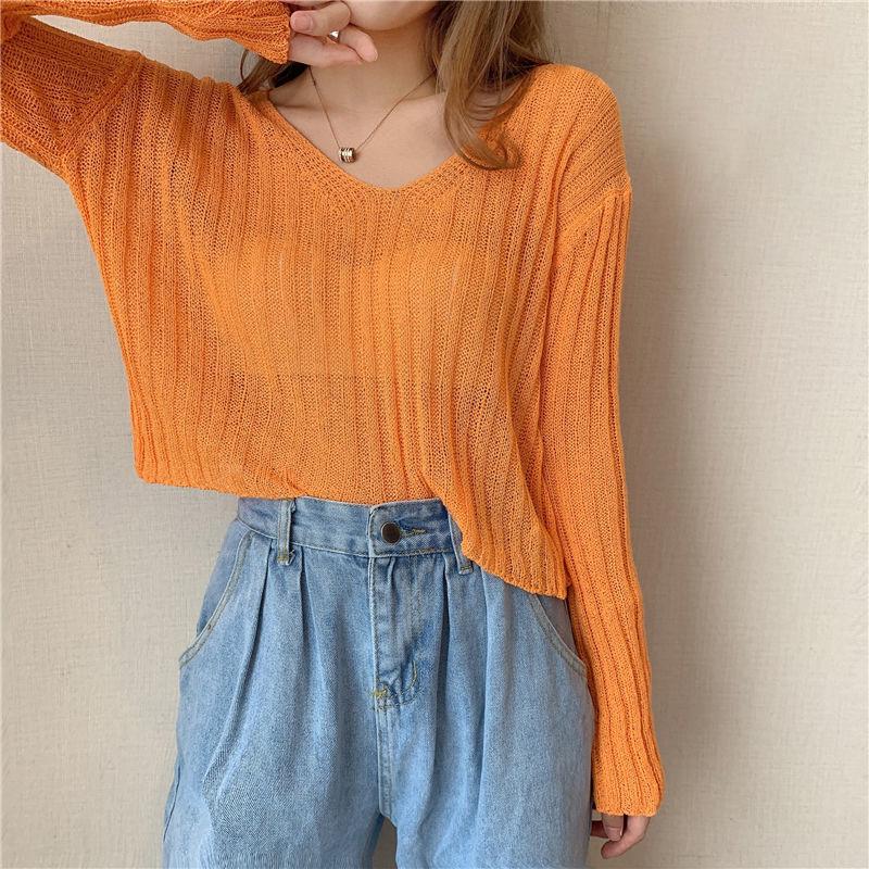 Girly White V-neck Sweater Women Spring and Autumn Korean Loose Thin Long-sleeved Sunscreen Top