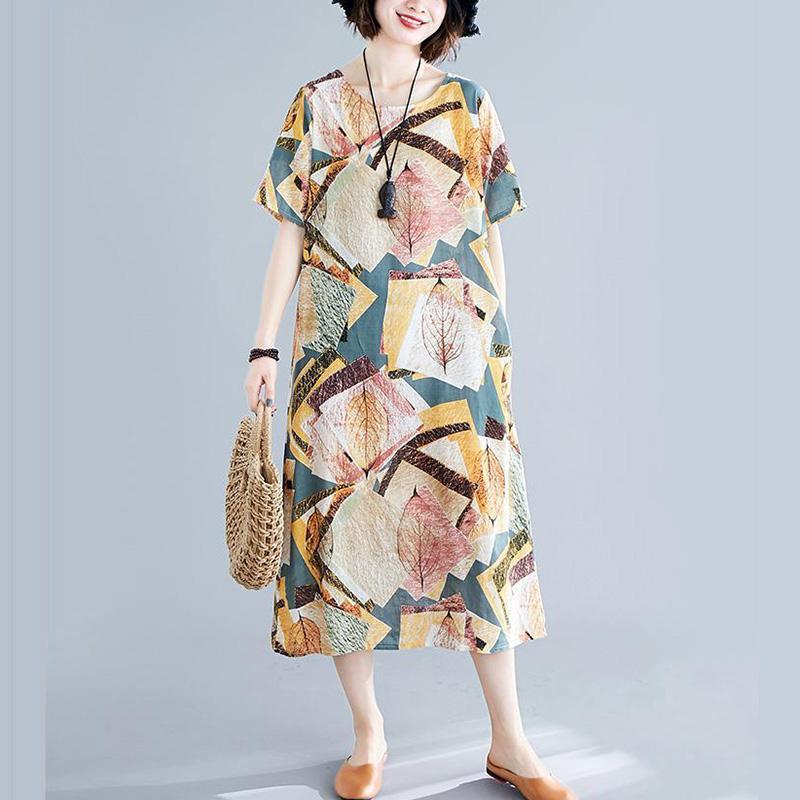 Women's Summer Dress Literary Retro Large Size Printing Round Neck Pocket Loose and Thin Cover Belly