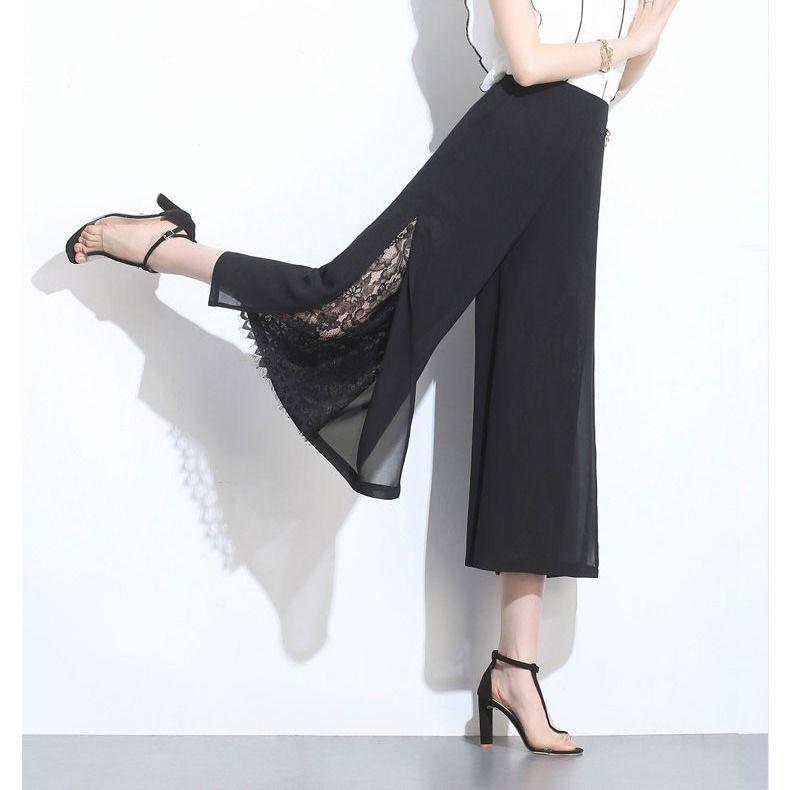 WTEMPO Sexy Lace Side Split Chiffon Wide-leg Pants Loose High Waist Ankle-Length Pants Trousers Cool and Breathable Women
