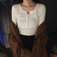 Pofulove Long Sleeve V-neck Pullover Short Button Sweater Women Open Navel Sexy Slim Waist Knitwear