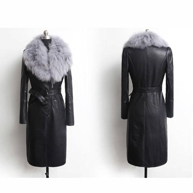 Large Fur Collar Winter Leather Jacket Women Plus Velvet Thick Mid-length Slim and Thin Waist Leather Jacket
