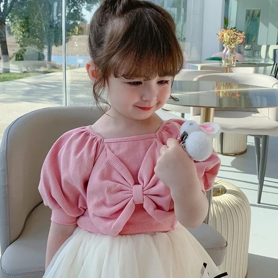 Girls' Summer Bowknot Short-sleeved Tops Korean Children's Cotton T-shirts Middle and Small Children's Western Style Bottoming Shirt