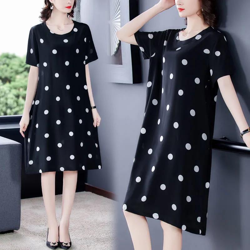 Polka Dot Dress Large Size Women's Short  Sleeve Round Neck Calf Length Daily Homewear