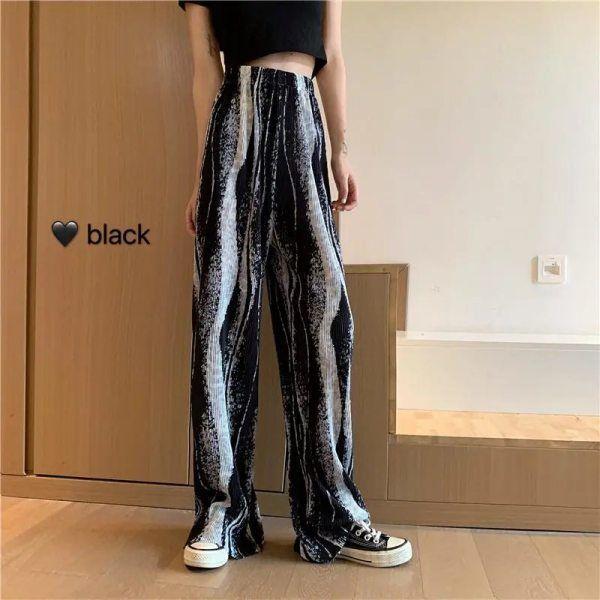 Women Vintage Thin Wide Leg Streetwear Pants Tie Dyed Pleated Straight Pants Loose Versatile Slim Long Pants
