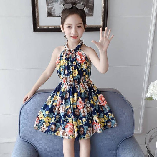 Children's Fashion Ruffle Print Dress Girl Casual Off Shoulder O-neck Above Knee Dresses