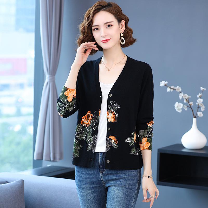 Autumn Winter Women's Knitted Sweater V-neck Printing Short Cardigan Knit Woolen Sweater Coat