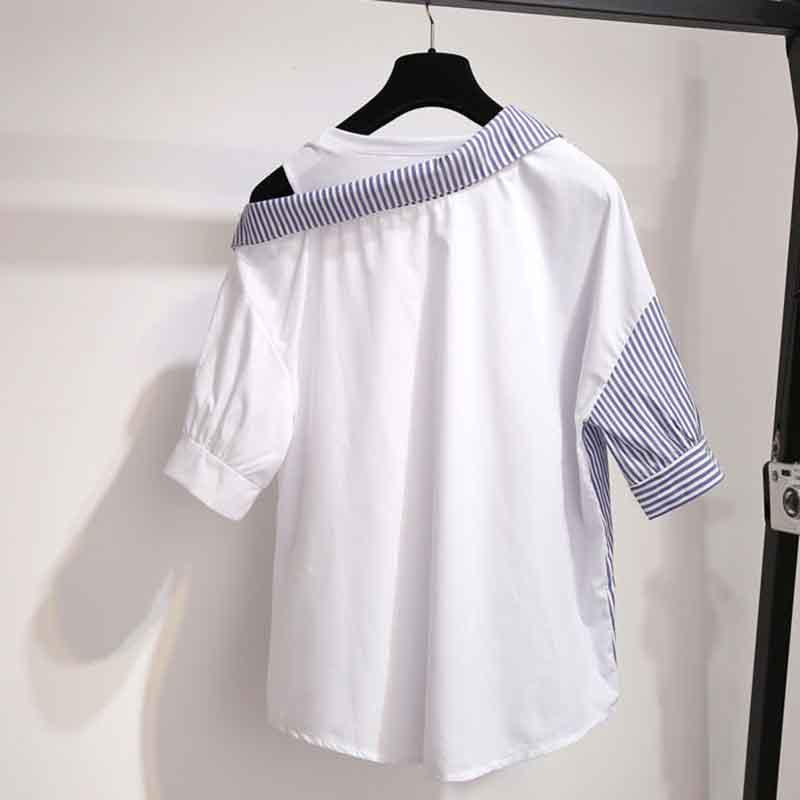 S-XL Summer Women Sexy O-neck Off Shoulder Irregular Striped T-shirt+Denim Shorts 2pcs Office Lady Slim T-shirt Button Shorts Suits