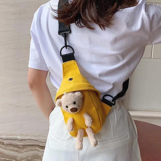 Cute bear Unisex Children Canvas Sling Bag Outdoor Travel Boy Girl Shoulder Bag